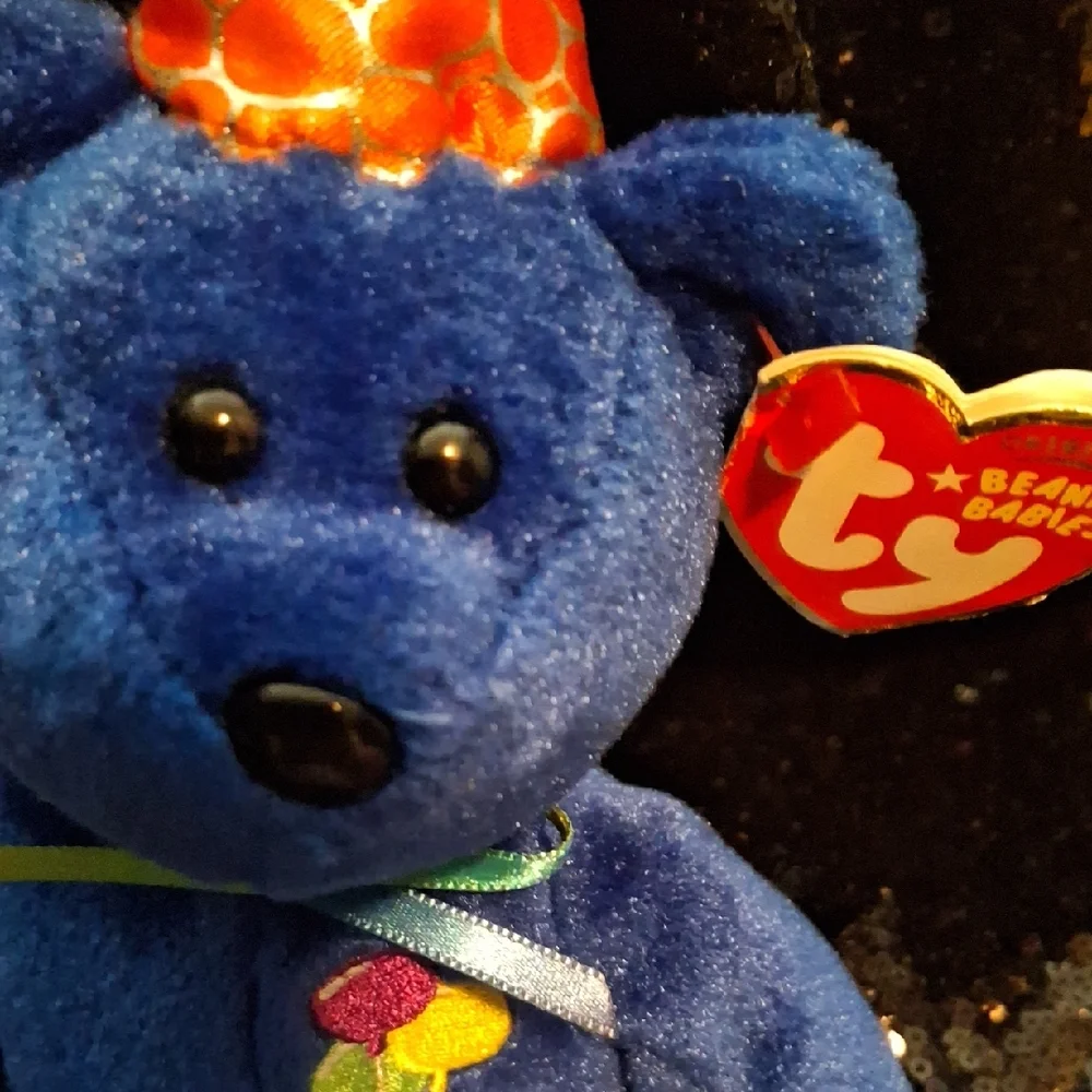 Ty Festive Blue Bear with Orange Party Hat